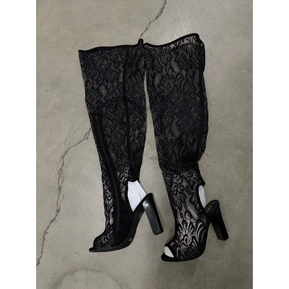 Bamboo Black Floral Lace Over The Knee Peep Toe Block Heel Boots Size 9